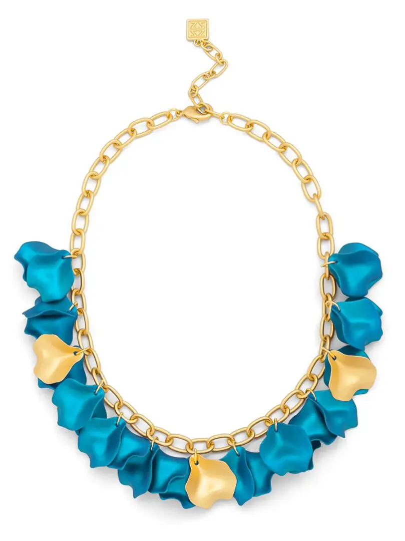 A blue and gold necklace with yellow hearts.